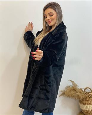 Siyah İçi Elyaflı Kruvaze Yaka Peluş Kürk
