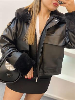 Siyah İçi Kürklü Deri Mont