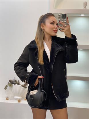 Siyah İçi Kürklü Lamineli Süet Mont