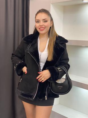 Siyah İçi Kürklü Lamineli Süet Mont