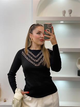 Siyah İnci Detaylı Triko Bluz