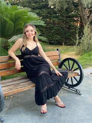 Siyah İp Askılı Nora Elbise 