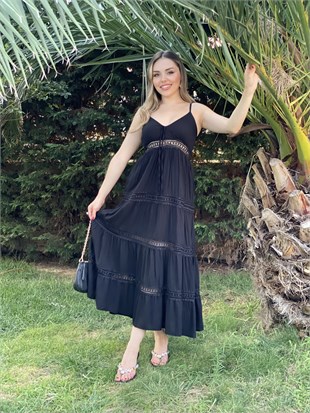 Siyah İp Askılı Nora Elbise 