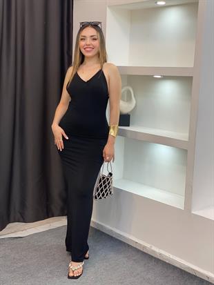 Siyah İp Askılı Sırt Dekolteli Elbise