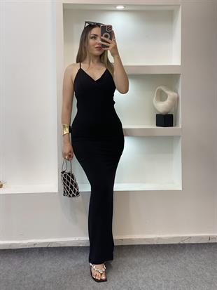 Siyah İp Askılı Sırt Dekolteli Elbise