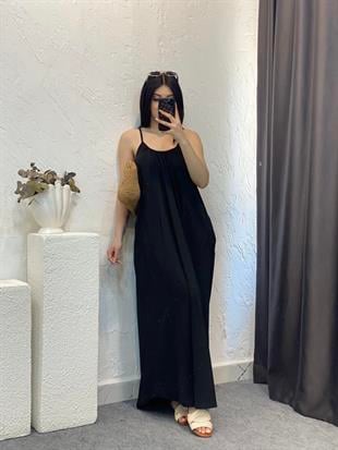 Siyah İp Ayarlanabilir Askılı Modal Kumaş Elbise 