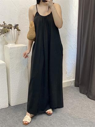 Siyah İp Ayarlanabilir Askılı Modal Kumaş Elbise 