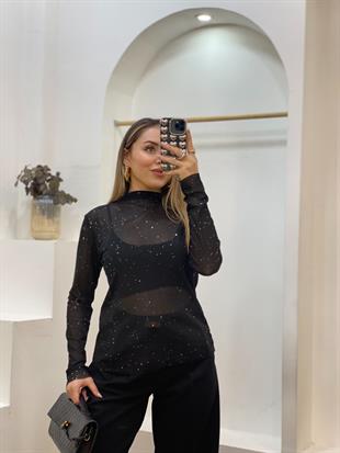 Siyah Işıltılı Tül Bluz