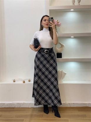 Siyah Kemerli Ekose Desen Dokuma Kumaş Etek
