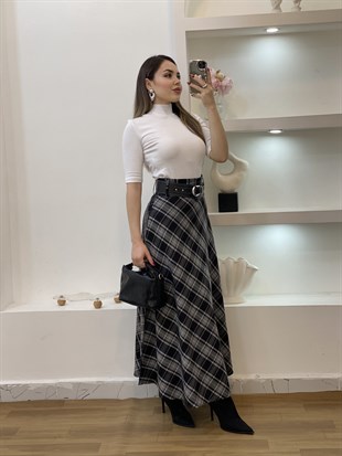 Siyah Kemerli Ekose Desen Dokuma Kumaş Etek