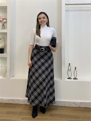 Siyah Kemerli Ekose Desen Dokuma Kumaş Etek