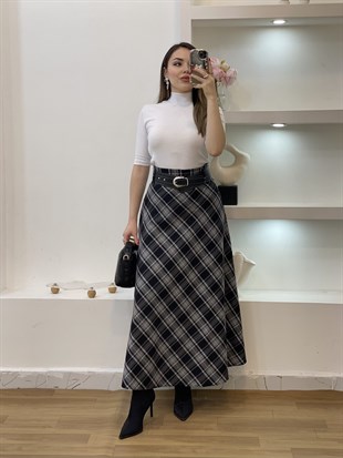 Siyah Kemerli Ekose Desen Dokuma Kumaş Etek