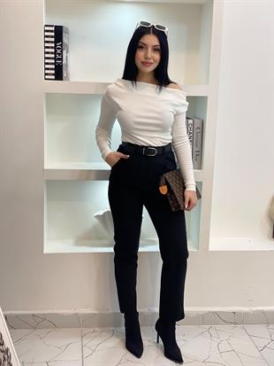 Siyah Kemerli Arka Beli Lastikli Kumaş Pantolon 