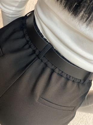 Siyah Kemerli Arka Beli Lastikli Kumaş Pantolon 