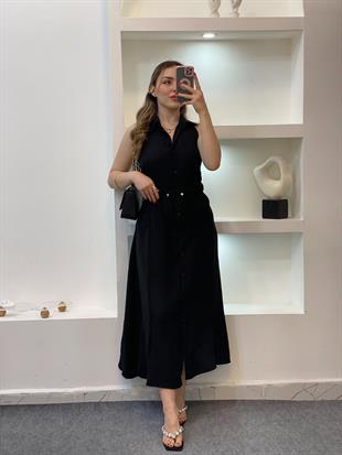 Siyah Kemerli Sırt Dekolteli Model Elbise