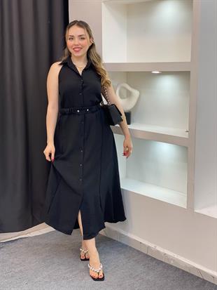 Siyah Kemerli Sırt Dekolteli Model Elbise