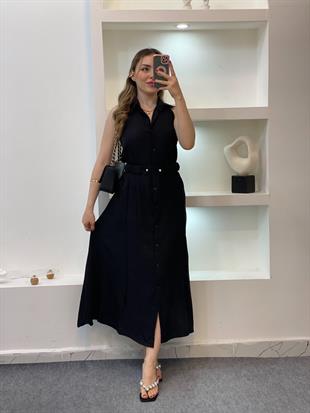 Siyah Kemerli Sırt Dekolteli Model Elbise