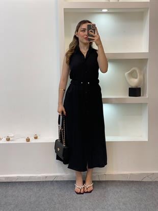 Siyah Kemerli Sırt Dekolteli Model Elbise