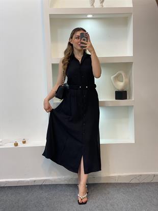 Siyah Kemerli Sırt Dekolteli Model Elbise