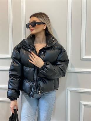 Siyah Kısa Form Elyaf Dolgulu Deri Mont 