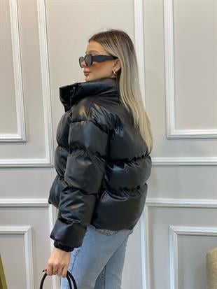 Siyah Kısa Form Elyaf Dolgulu Deri Mont 