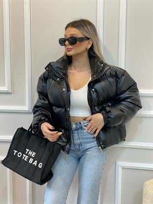 Siyah Kısa Form Elyaf Dolgulu Deri Mont 