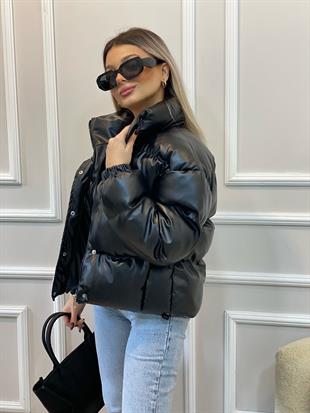 Siyah Kısa Form Elyaf Dolgulu Deri Mont 