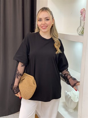 Siyah Kolları Dantel Detaylı Pamuklu Tshirt 