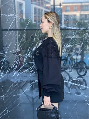 Siyah Kolları Poplin ve Fisto Detaylı Triko Hırka 