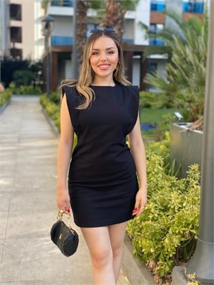 Siyah Kolları Volanlı Jean Elbise 