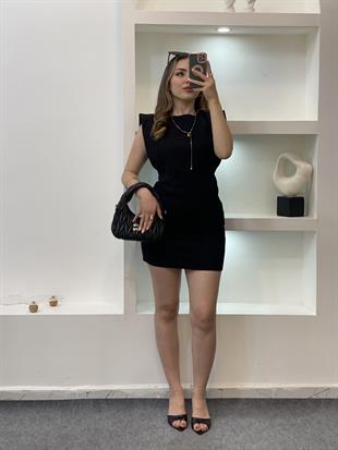 Siyah Kolları Volanlı Jean Elbise