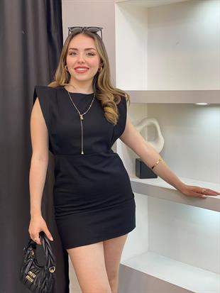 Siyah Kolları Volanlı Jean Elbise