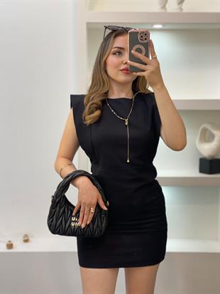 Siyah Kolları Volanlı Jean Elbise