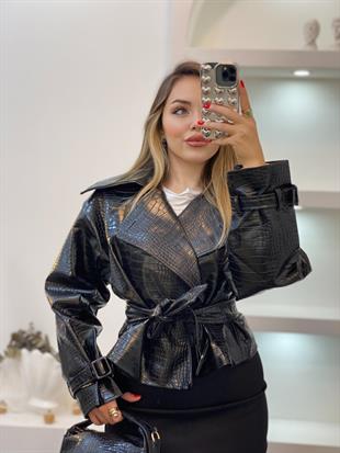 Siyah Krokodil Desen Deri Ceket