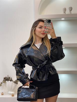 Siyah Krokodil Desen Deri Ceket