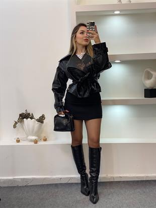 Siyah Krokodil Desen Deri Ceket