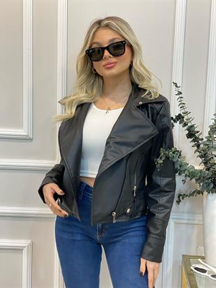 Siyah Kruvaze Yaka Deri Ceket 