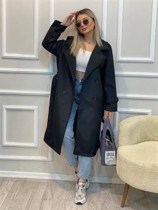 Siyah Kruvaze Yaka Kuşaklı Trenç