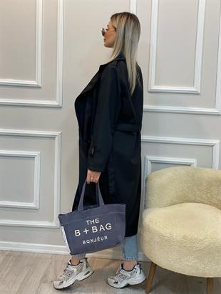 Siyah Kruvaze Yaka Kuşaklı Trenç