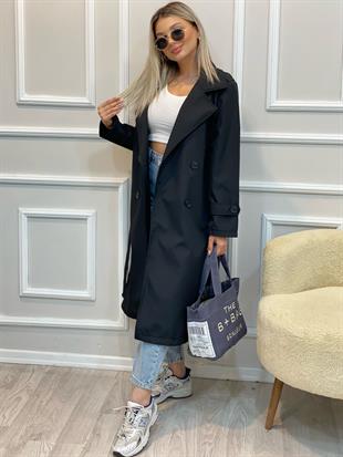 Siyah Kruvaze Yaka Kuşaklı Trenç