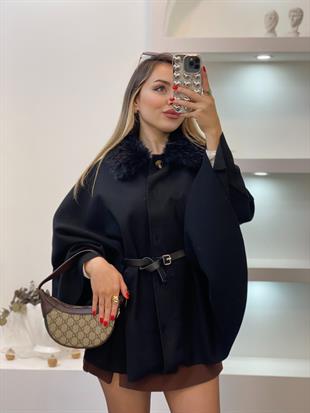 Siyah Kürk Yaka Kemerli Kaşe Panço