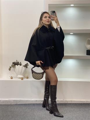 Siyah Kürk Yaka Kemerli Kaşe Panço