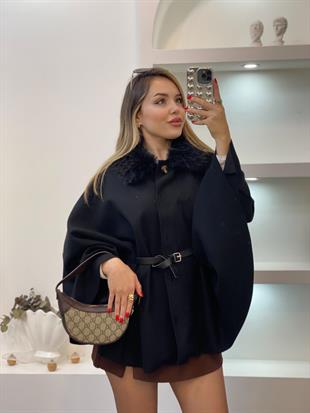 Siyah Kürk Yaka Kemerli Kaşe Panço