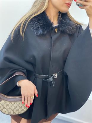 Siyah Kürk Yaka Kemerli Kaşe Panço