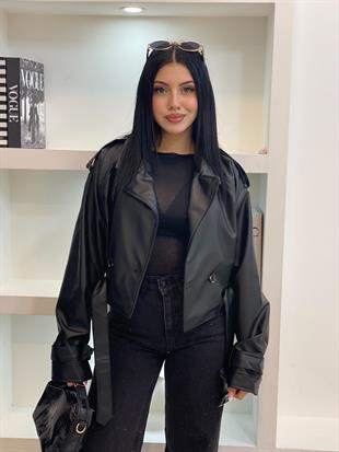 Siyah Kuşaklı Apoletli Deri Ceket 