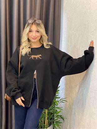 Siyah Leo Nakış Ve Fermuar Detaylı Model Sweatshirt 