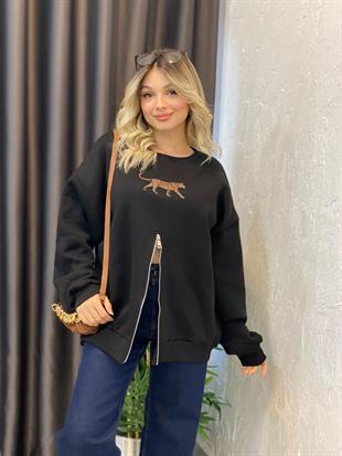 Siyah Leo Nakış Ve Fermuar Detaylı Model Sweatshirt 