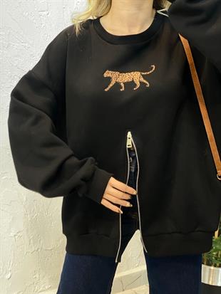 Siyah Leo Nakış Ve Fermuar Detaylı Model Sweatshirt 