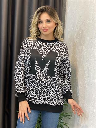 Siyah Leopar Desen Harf Detaylı Sweatshirt 