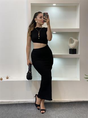 Siyah Likralı Bel Detaylı Elbise